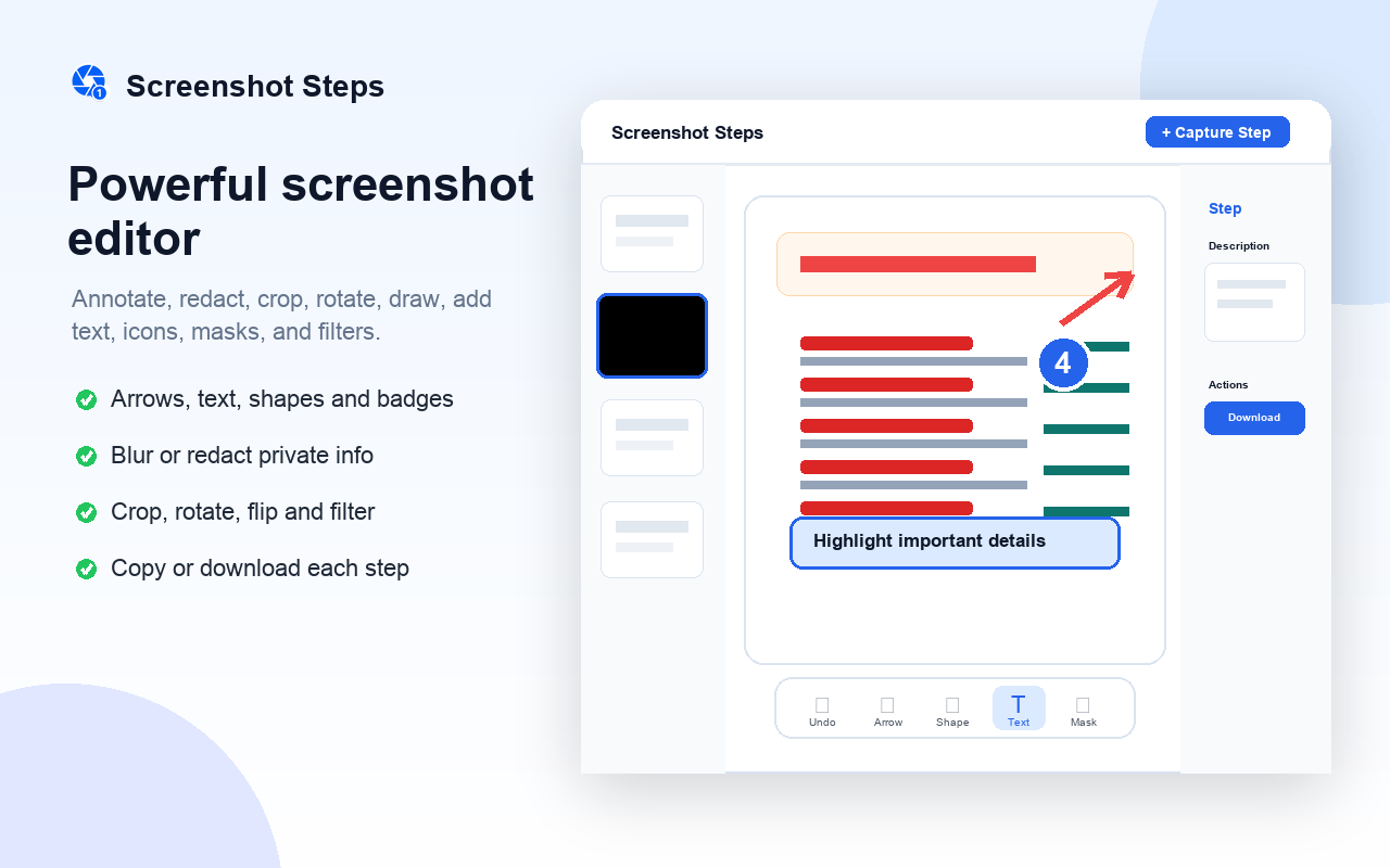 Built-in editor with annotations, arrows, shapes, and blur tools