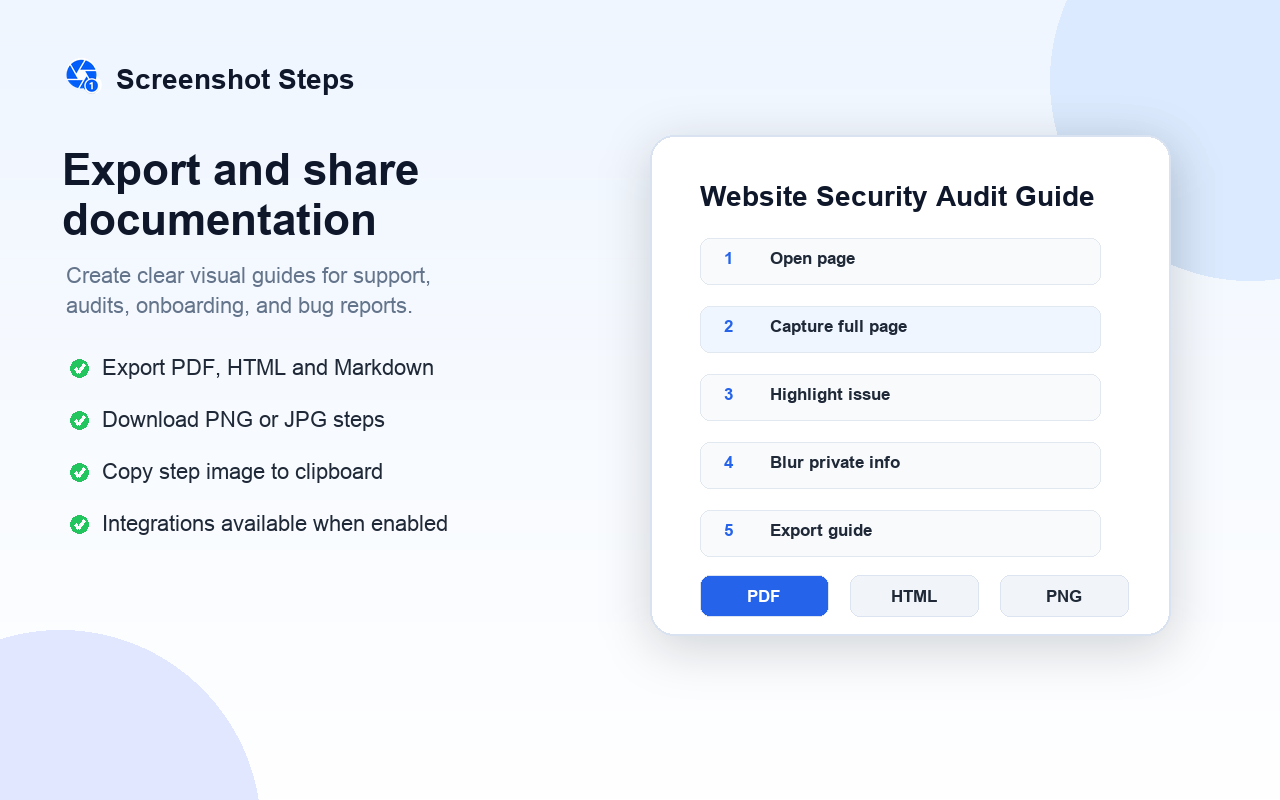 Export guides as PDF, HTML, Markdown, or PNG